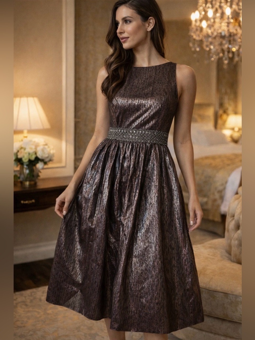 BADGLEY MISCHKA SILVER METALLIC EMBELLISHED MIDI FORMAL COCKTAIL HOLIDAY PROM 2